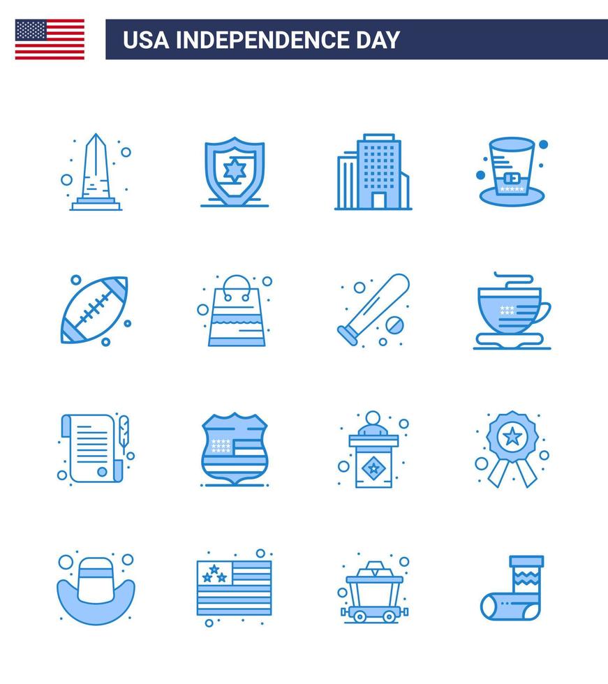 packa av 16 USA oberoende dag firande blues tecken och 4:e juli symboler sådan som sport boll byggnad USA hatt redigerbar USA dag vektor design element