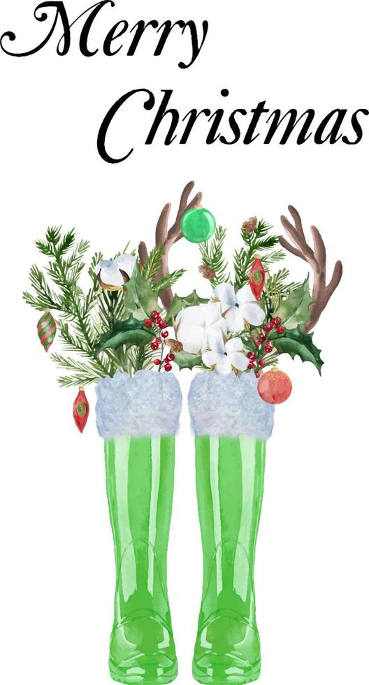 Aquarell-Weihnachtsgummistiefel mit Tannenzweigen und Blumen. Weihnachtsgrüne und rote Regenstiefel für Wellington-Regenstiefelbildgeschenke. Urlaubseinladung mit Gummistiefeln und Tannenzweigen. vektor