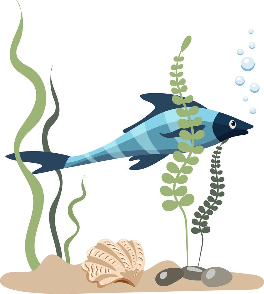 enda akvarium blå randig tropisk fisk med tång och stenar, isolerat på vit bakgrund vektor