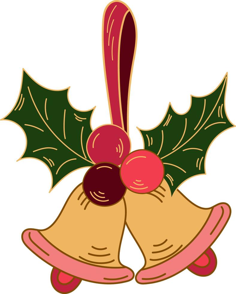 Weihnachtsdekoration, zwei goldene Glocken mit Stechpalmenblättern und Beeren auf einem Band, isoliert auf weißem Hintergrund vektor