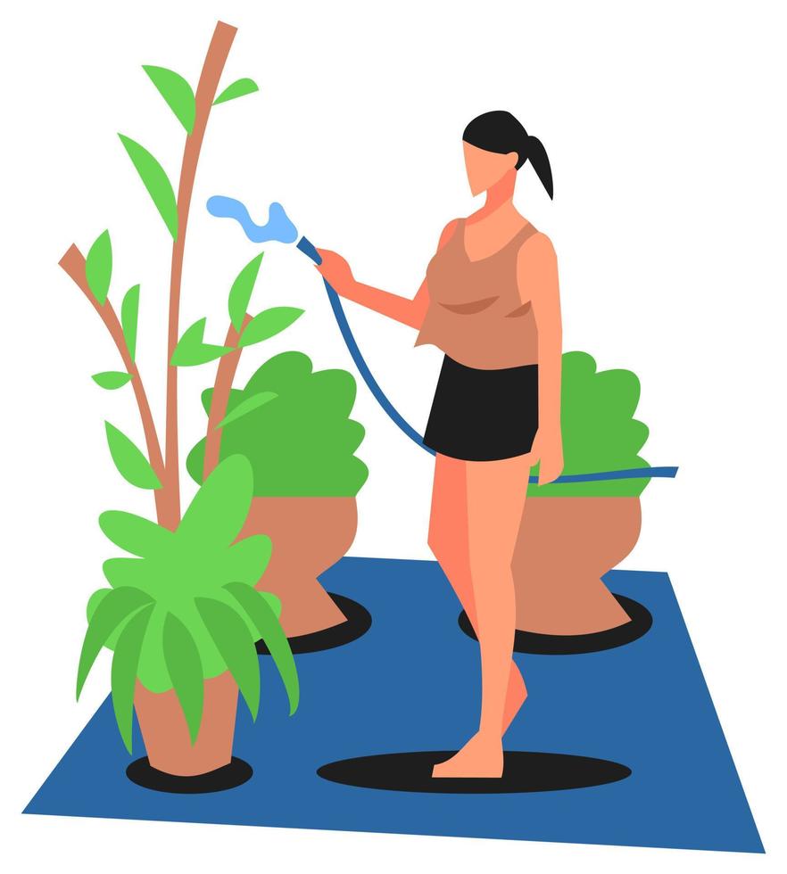 illustration av flicka vattning växter. växter i krukor. dekorativ växter. grön. lämplig för växt älskare, hobbyer, natur, trädgårdsarbete, etc. platt vektor stil