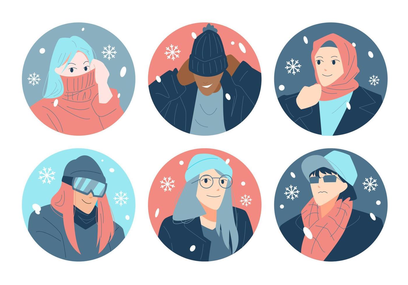 uppsättning samling av vinter- avatar tecken. färgrik tecknad serie illustration. modern mode värma Kläder. snöfall. snö ikon. vektor