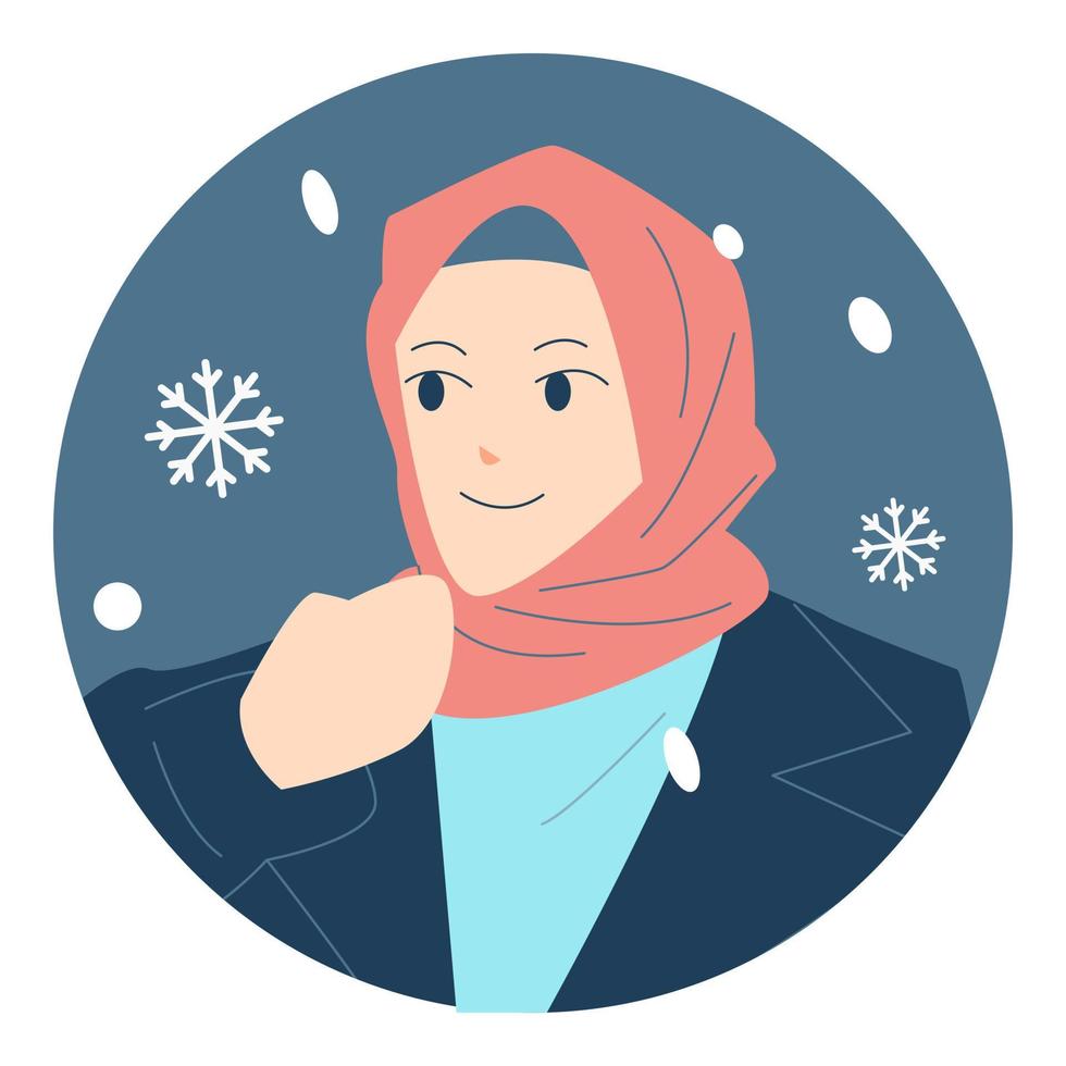 en kvinna i en hijab utseende på de snö. vinter- avatar karaktär porträtt. färgrik tecknad serie vektor illustration. modern mode värma Kläder. snöfall. snö ikon.