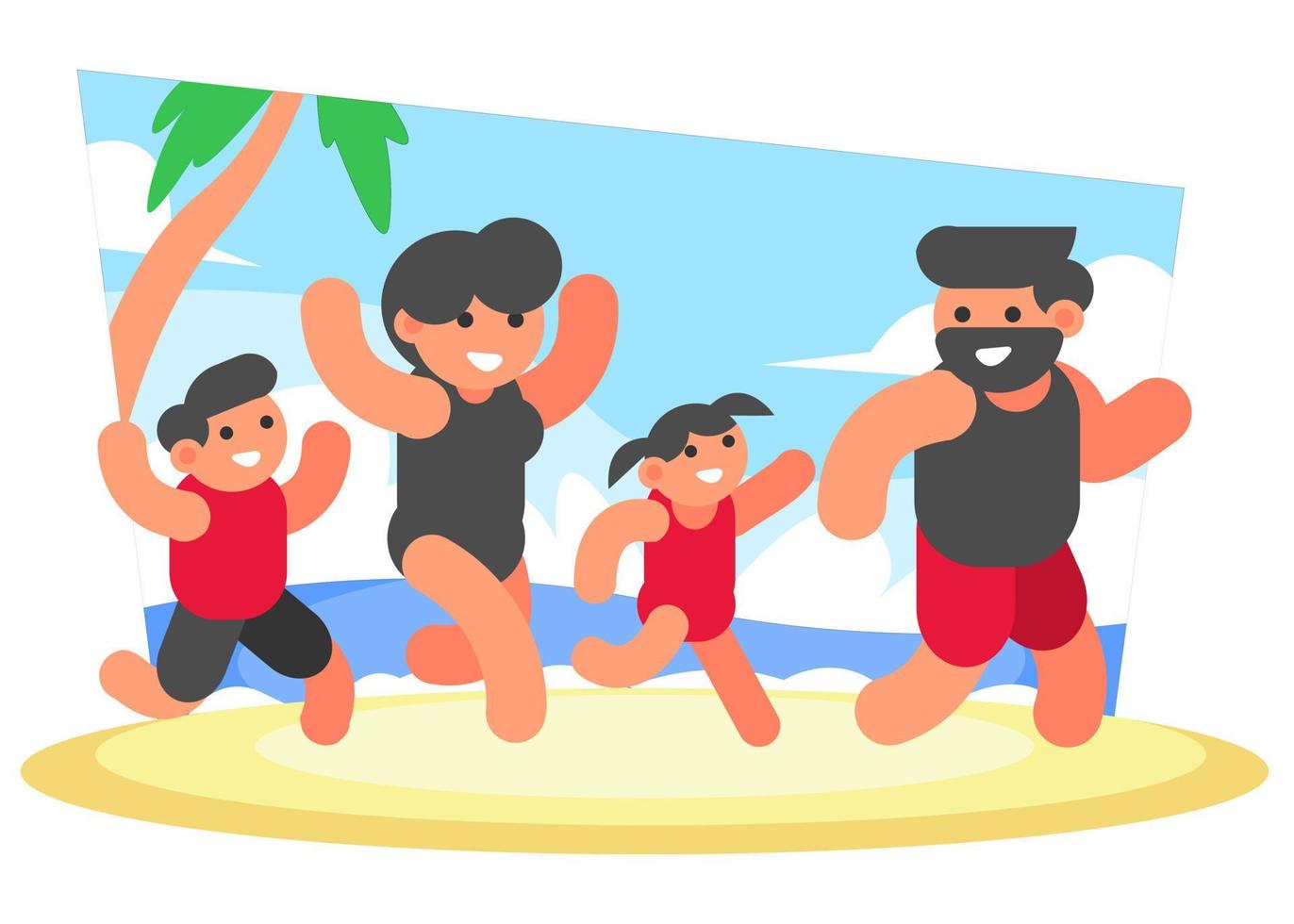 illustration der familie im sommerurlaub, spielen am strand, eltern, junge und mädchen. Ferien. Erholung. Meer. Badeanzug. flacher Vektorstil vektor