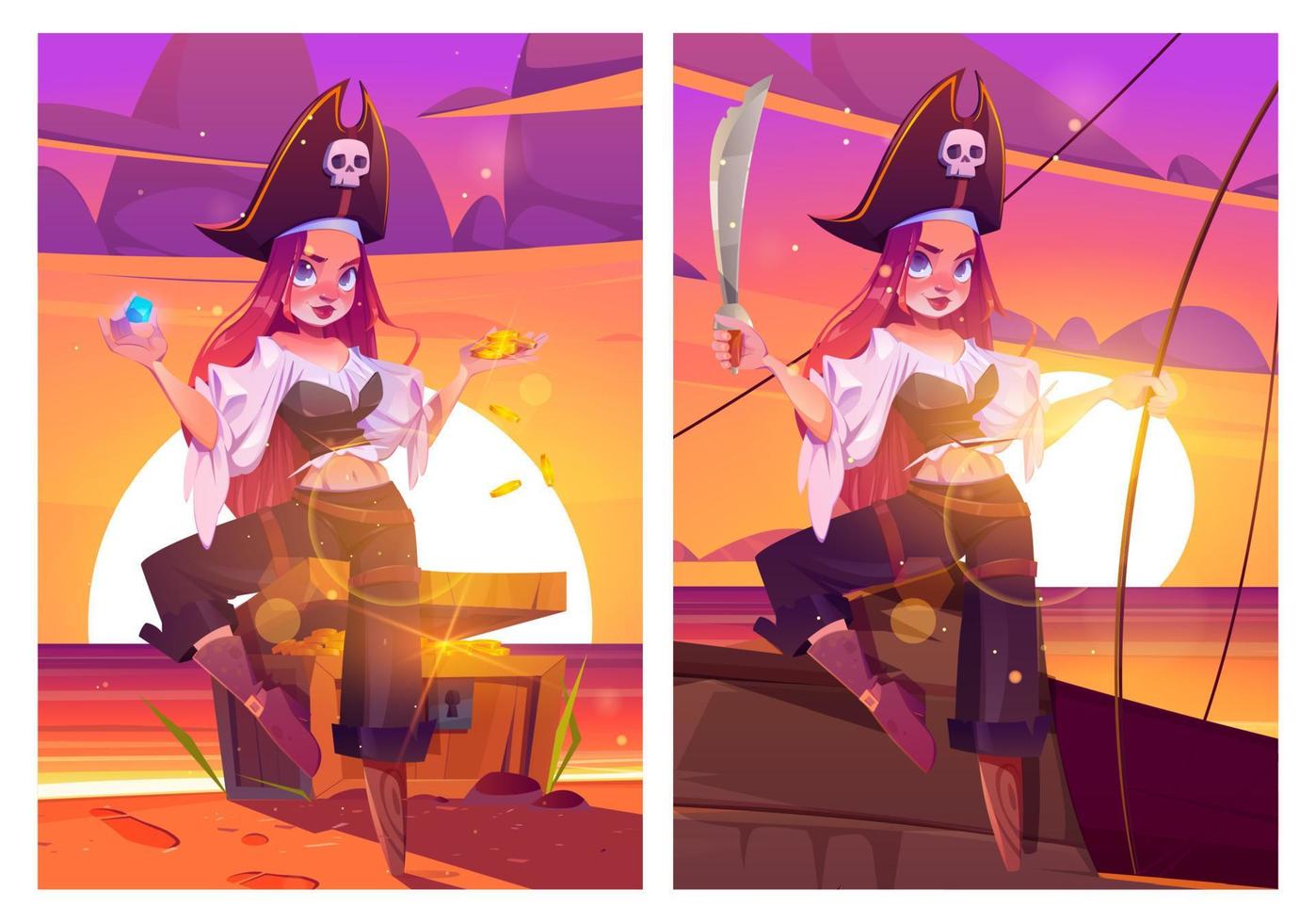 Piratin am Strand mit Schatzkiste oder Schiff vektor