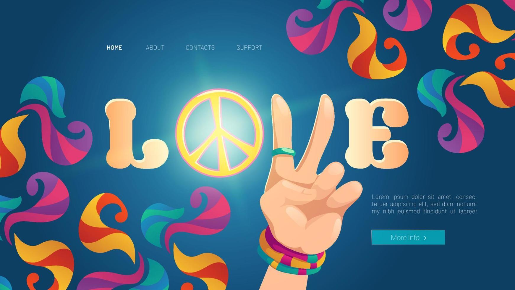 kärlek tecknad serie landning med hippie hand visa fred vektor