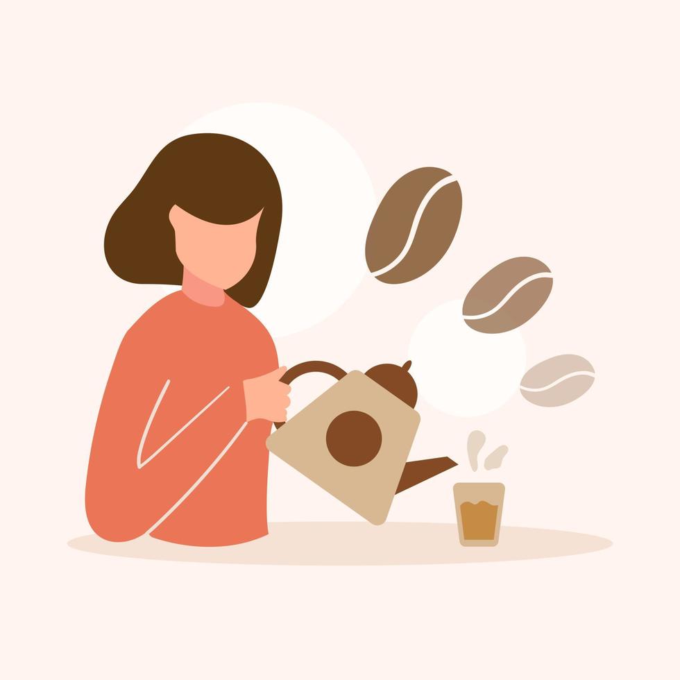 niedliche entzückende karikatur glückliche kaffeemädchen-frauenillustration für aufkleberikonenmaskottchen und -logo vektor