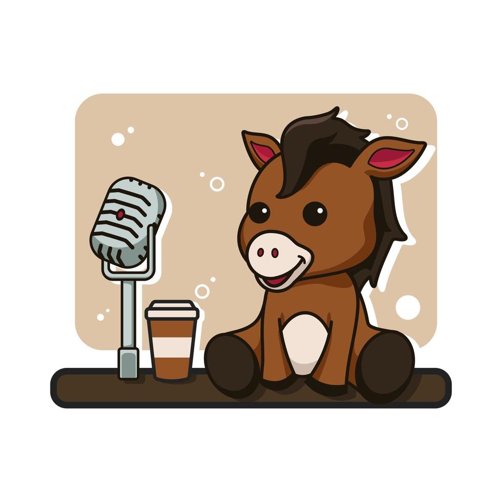niedliche flache illustration cartoon braunes pferd podcast mic kaffee für web aufkleber symbol maskottchen logo vektor