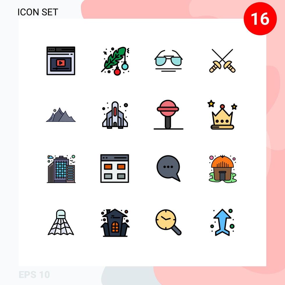moderner Satz von 16 flachen, farbgefüllten Linien und Symbolen wie Hill Saber Dot Fencing View editierbare kreative Vektordesign-Elemente vektor
