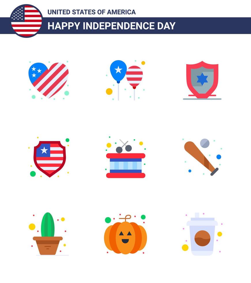 Lycklig oberoende dag 4:e juli uppsättning av 9 flats amerikan pictograph av fladdermus boll Amerika flagga pinnar trumma redigerbar USA dag vektor design element