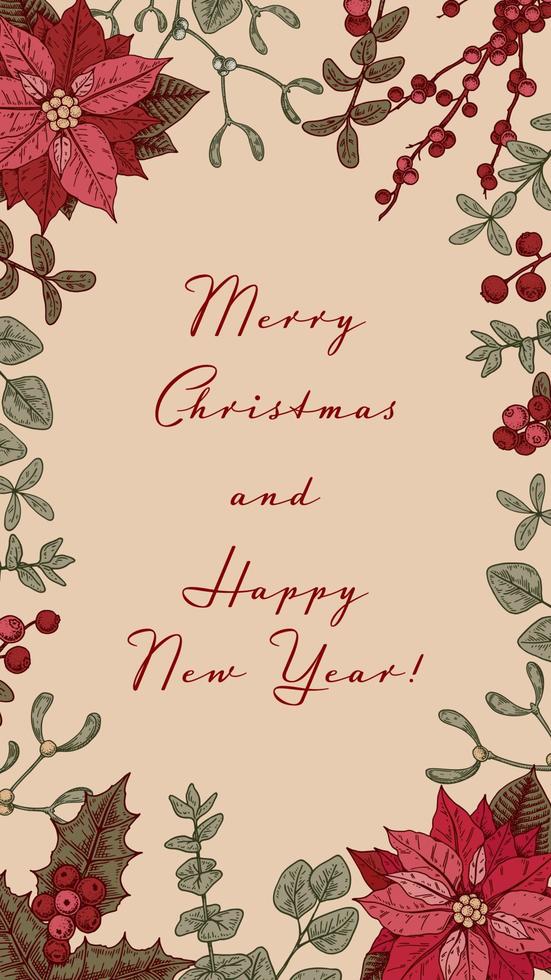 glad jul och Lycklig ny år vertikal hälsning kort med hand dragen julstjärna blomma och mistel brunch. social media berättelser mall. vektor illustration i skiss stil