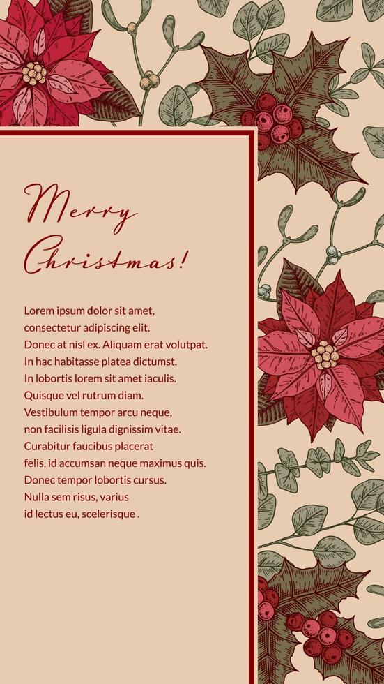 glad jul och Lycklig ny år vertikal hälsning kort med hand dragen julstjärna blomma och mistel brunch. social media berättelser mall. vektor illustration i skiss stil