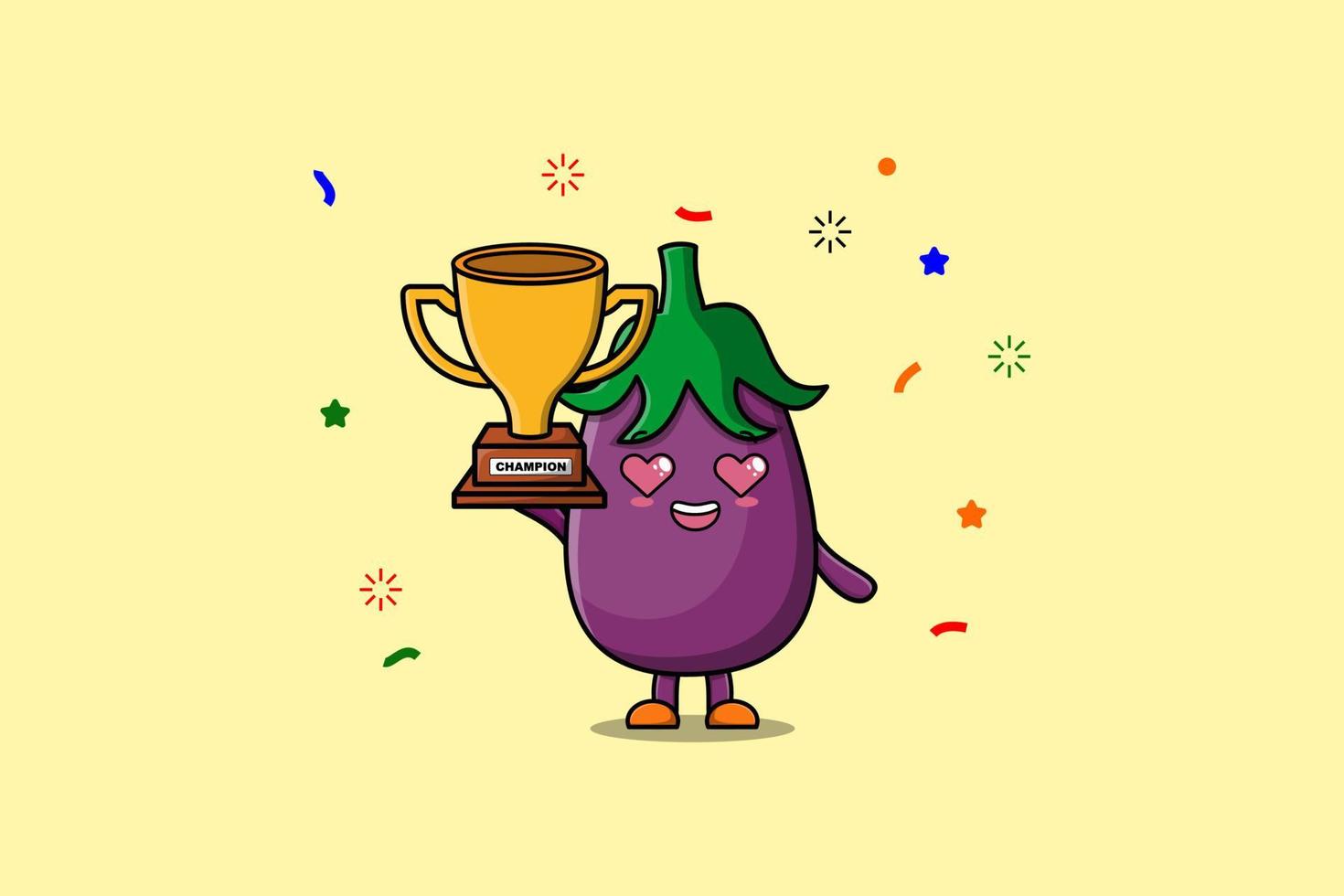 niedlicher karikatur der aubergine hält goldene trophäe vektor