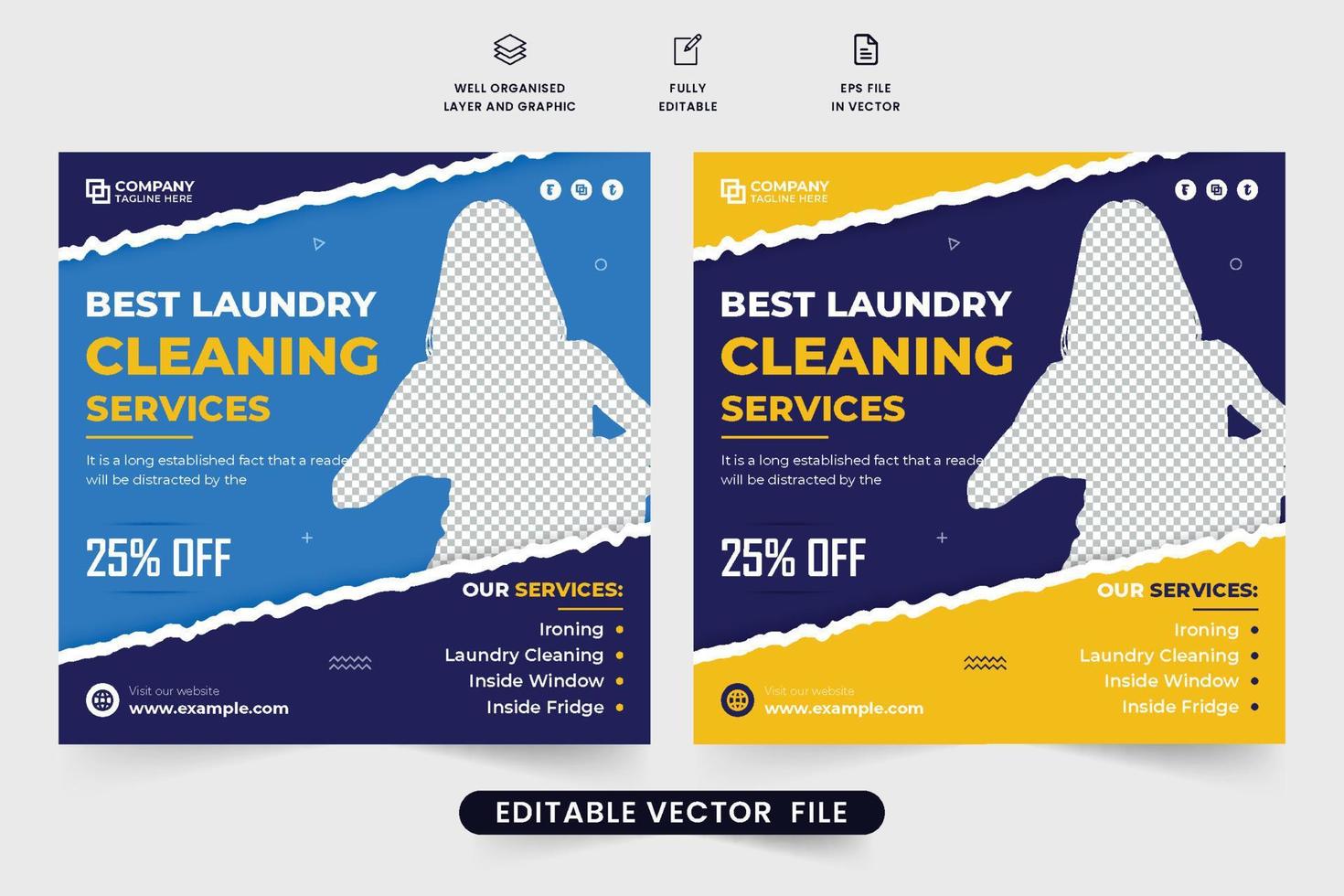 tvätt rengöring service social media posta vektor med gul och blå färger. tvätt service PR webb baner design med abstrakt former. trasa tvättning företag mall vektor.
