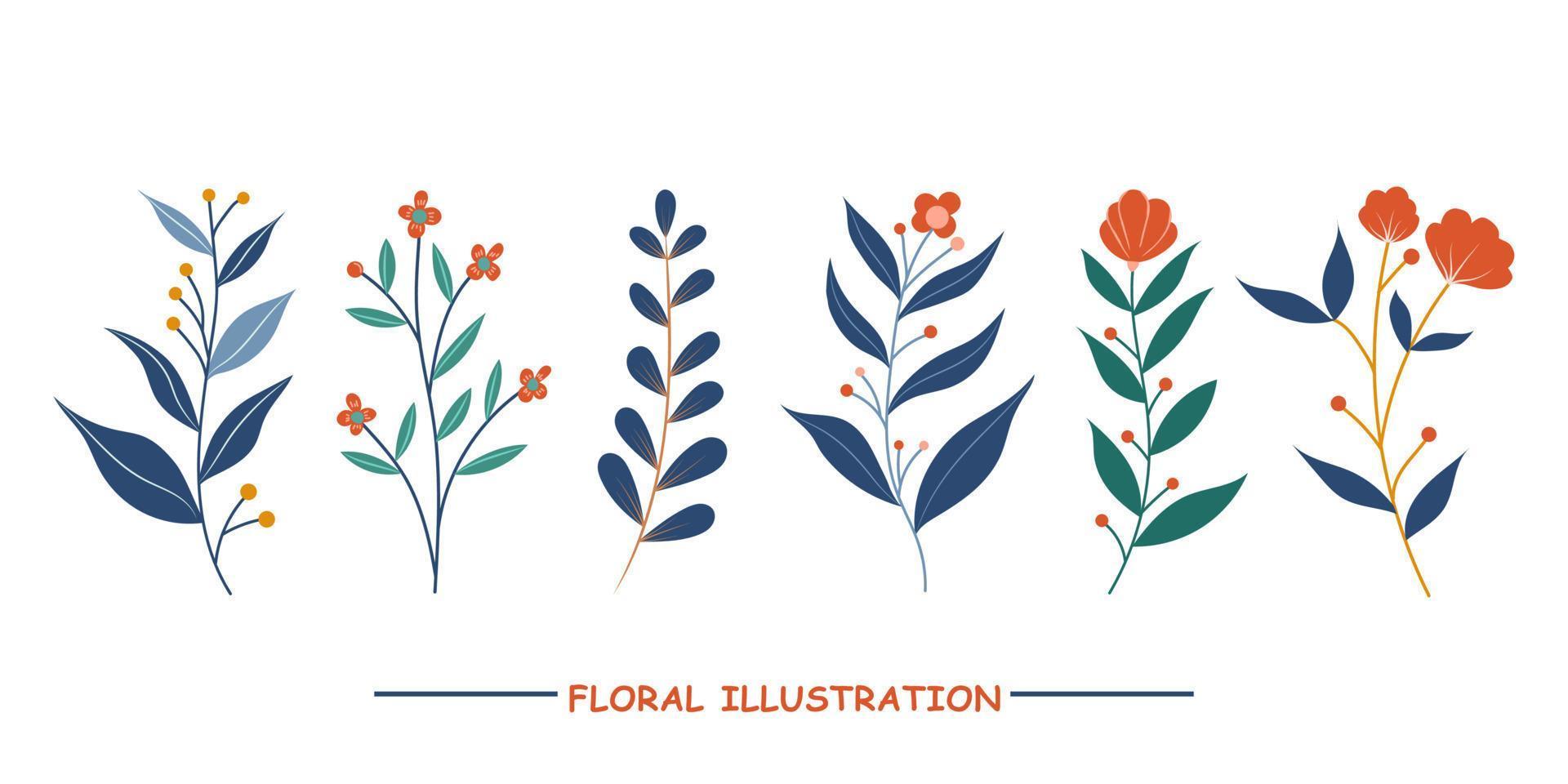 handgezeichnete Blumenzweig-Set-Sammlung, abstrakte botanische Set-Illustration vektor