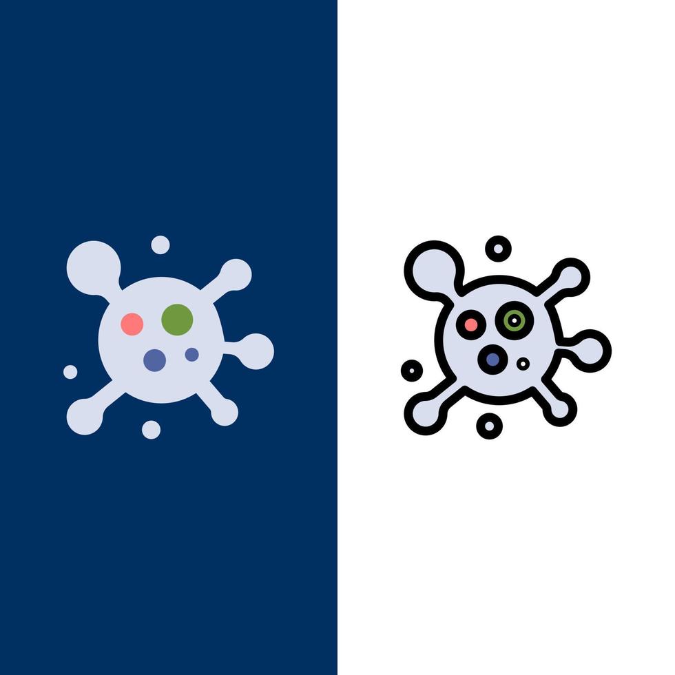 atom molekyl vetenskap ikoner platt och linje fylld ikon uppsättning vektor blå bakgrund