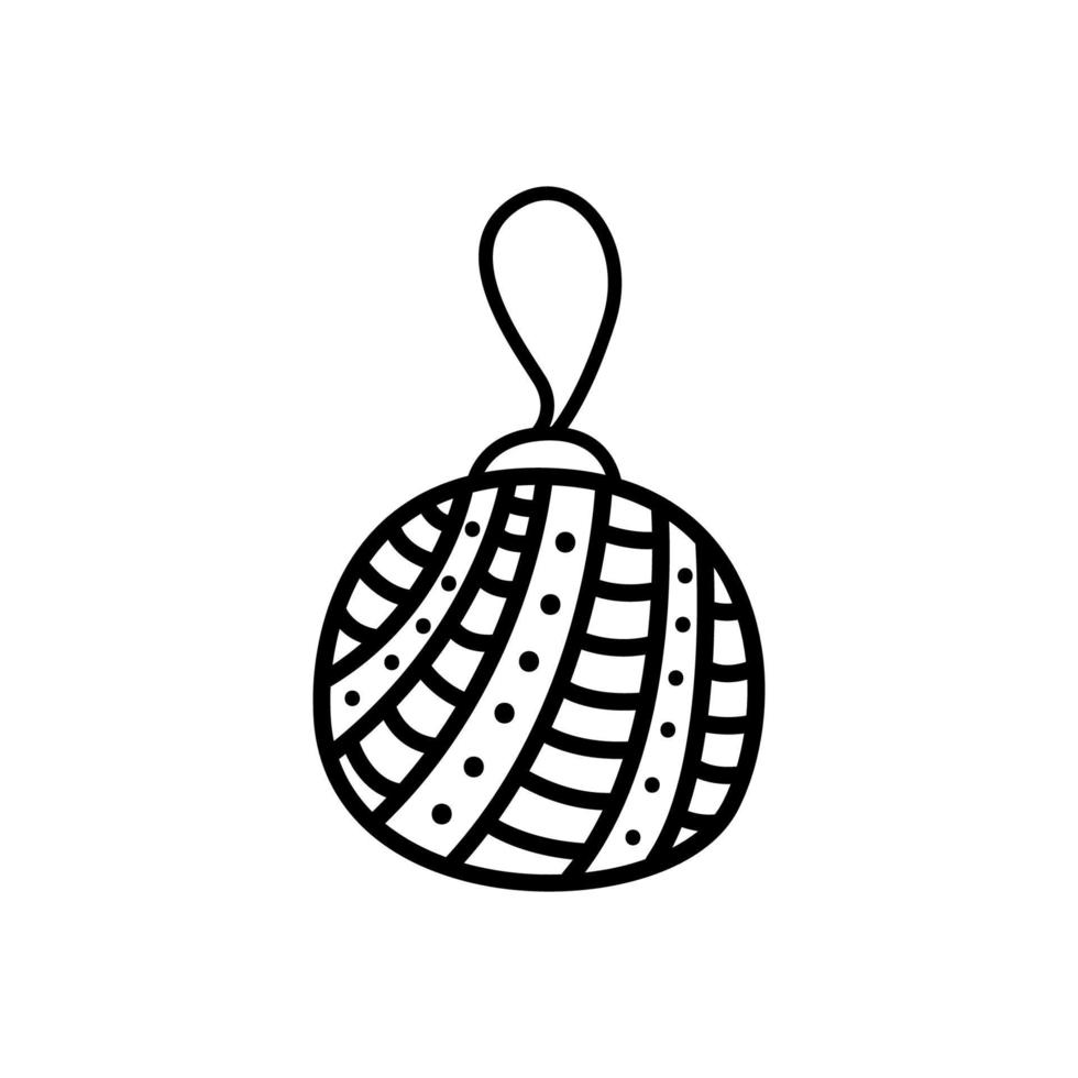 jul boll klotter isolerat. jul träd dekoration element, jul boll med Ränder och polka prickar. svart rader på vit bakgrund. söt hand dragen vektor illustration.