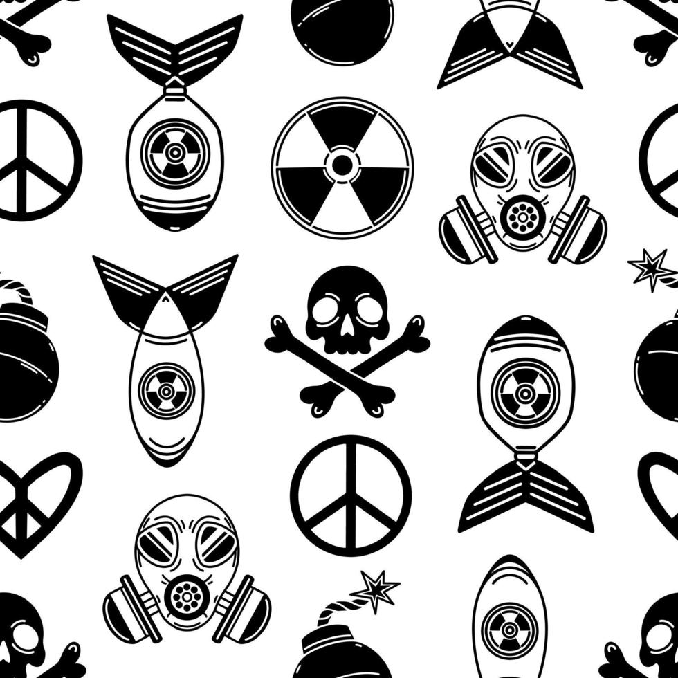 Krieg nahtlose Vektormuster. bewaffnete Konfliktsymbole - Atombombe, Atomrakete, Gasmaske, Strahlung, Totenkopf und gekreuzte Knochen. Schwarz-Weiß-Silhouette einer Waffe. hintergrund für poster, drucke vektor