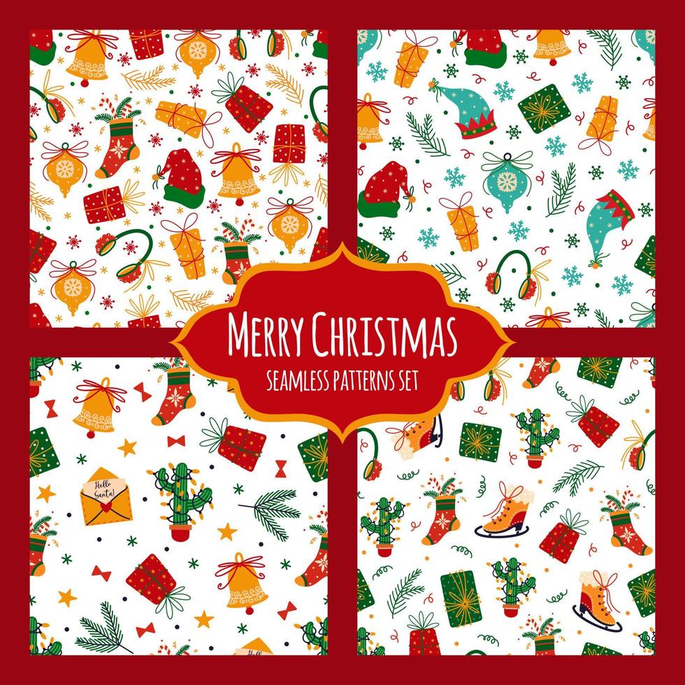 glad jul och Lycklig ny år sömlös vektor mönster uppsättning. Semester symboler - gåvor, klingande klockor, snöflingor, gran grenar, santa claus hatt. platt tecknad serie bakgrund för tapet, grafik, webb