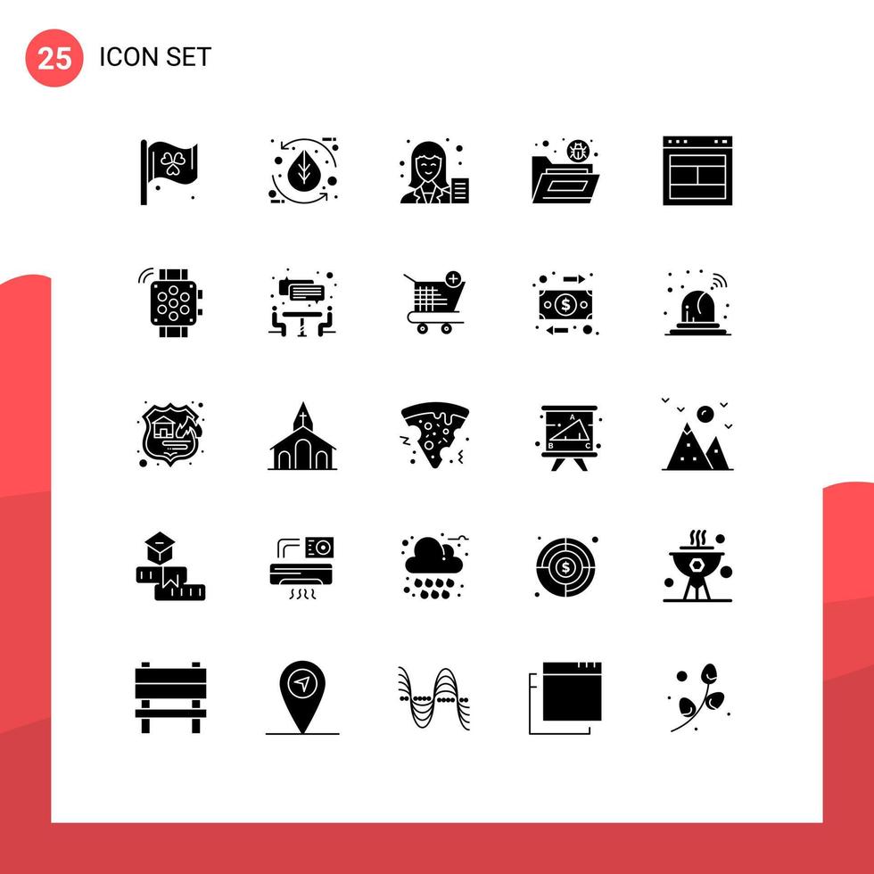 Packung mit 25 modernen Solid-Glyphen-Zeichen und -Symbolen für Web-Printmedien wie Virenordner-Blogdatei-Schreiber bearbeitbare Vektordesign-Elemente vektor