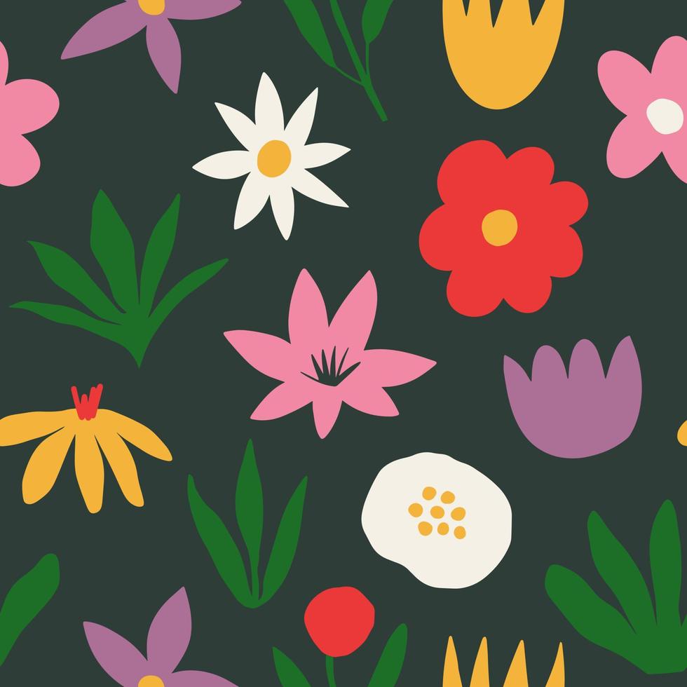 Ästhetisches, zeitgenössisches, druckbares, nahtloses Muster mit retro-groovigen Blumen. dekorativer naiver Vintage-Boho-Hintergrund im Stil der 60er, 70er Jahre im minimalistischen Stil der Mitte des Jahrhunderts für Stoff, Tapete oder Verpackung vektor