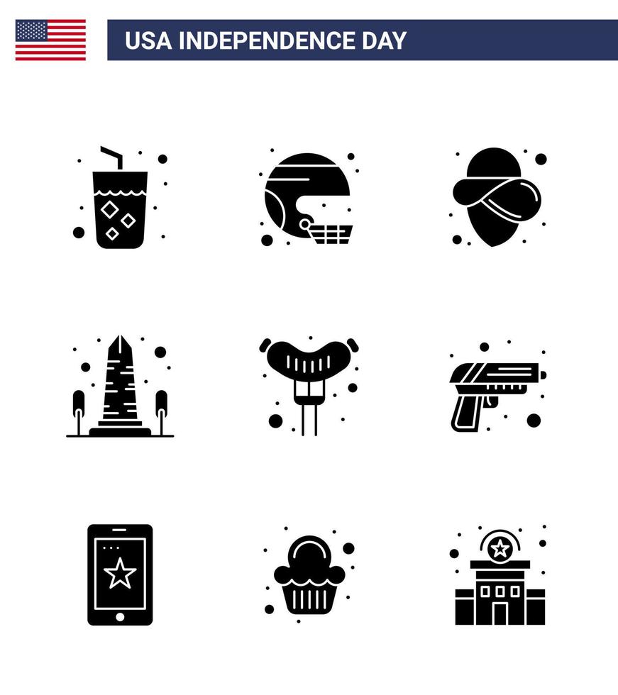 grupp av 9 fast glyfer uppsättning för oberoende dag av förenad stater av Amerika sådan som Washington syn stat monument hatt redigerbar USA dag vektor design element