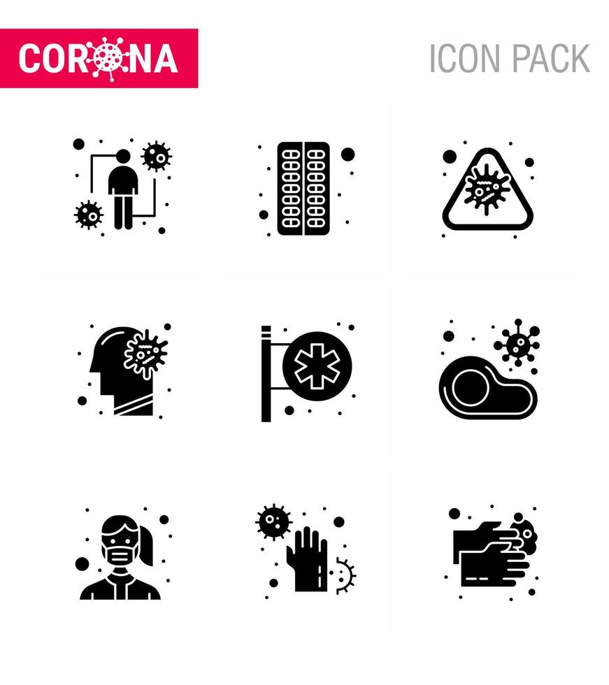 Corona-Virus-Krankheit 9 Solid Glyph Black Icon Pack saugt als Virus-Grippe-Pille Erkältungsepidemie Virus-Coronavirus 2019nov-Krankheitsvektor-Designelemente vektor