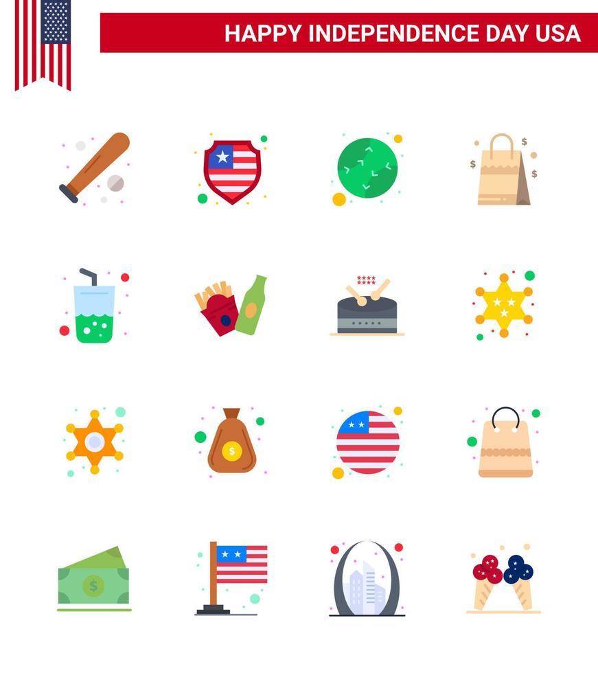 Lycklig oberoende dag packa av 16 flats tecken och symboler för dryck amerikan amerikan USA väska redigerbar USA dag vektor design element