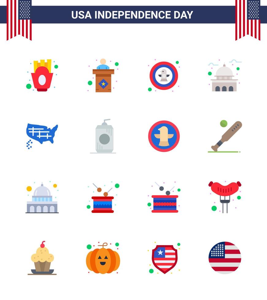 Usa Happy Independence Day Piktogrammsatz von 16 einfachen Wohnungen mit weißem Wahrzeichen American House Badge editierbare Usa Day Vektordesign-Elemente vektor