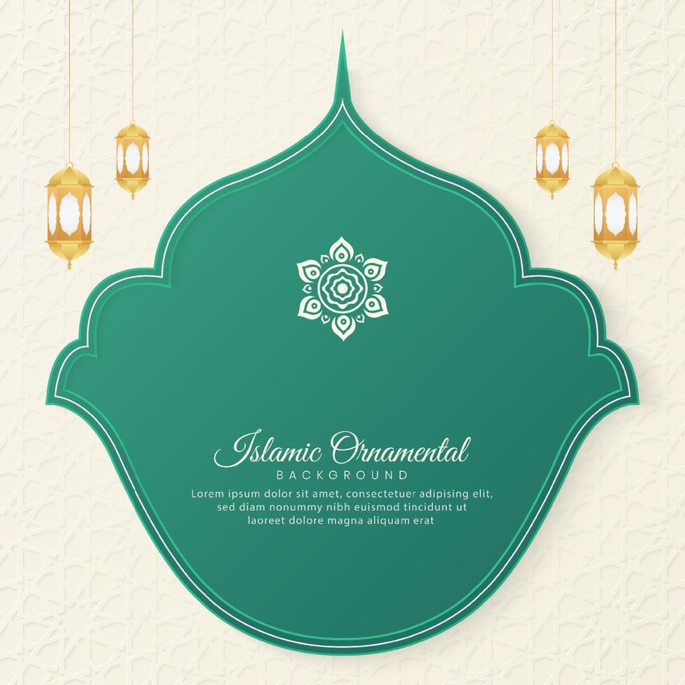 islamic arabicum grön och vit bakgrund med geometrisk mönster och skön prydnad med lyktor vektor