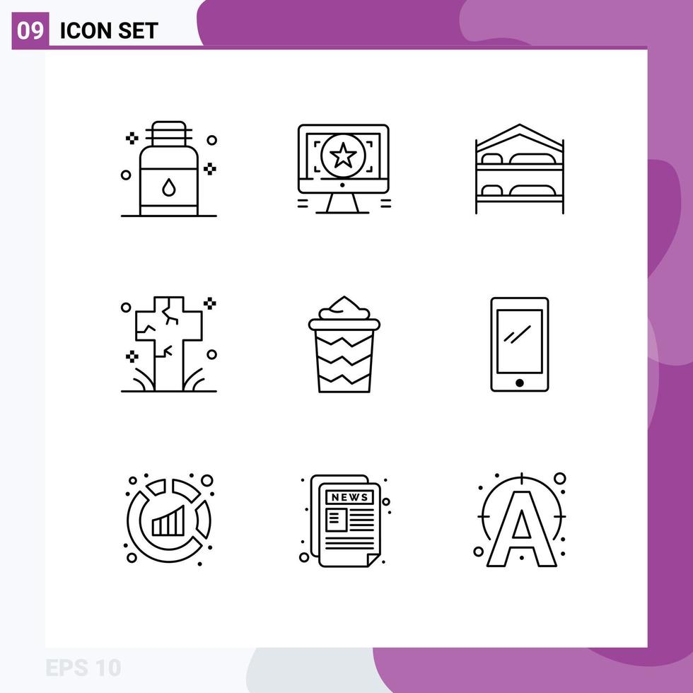 Stock Vector Icon Pack mit 9 Zeilen Zeichen und Symbolen für Friedhof Tod Monitor Cross Hotel editierbare Vektordesign-Elemente