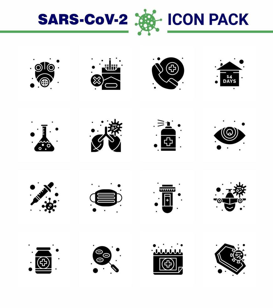 coronavirus förebyggande uppsättning ikoner 16 fast glyf svart ikon sådan som labb stanna kvar Hem cigarett karantän risk viral coronavirus 2019 nov sjukdom vektor design element