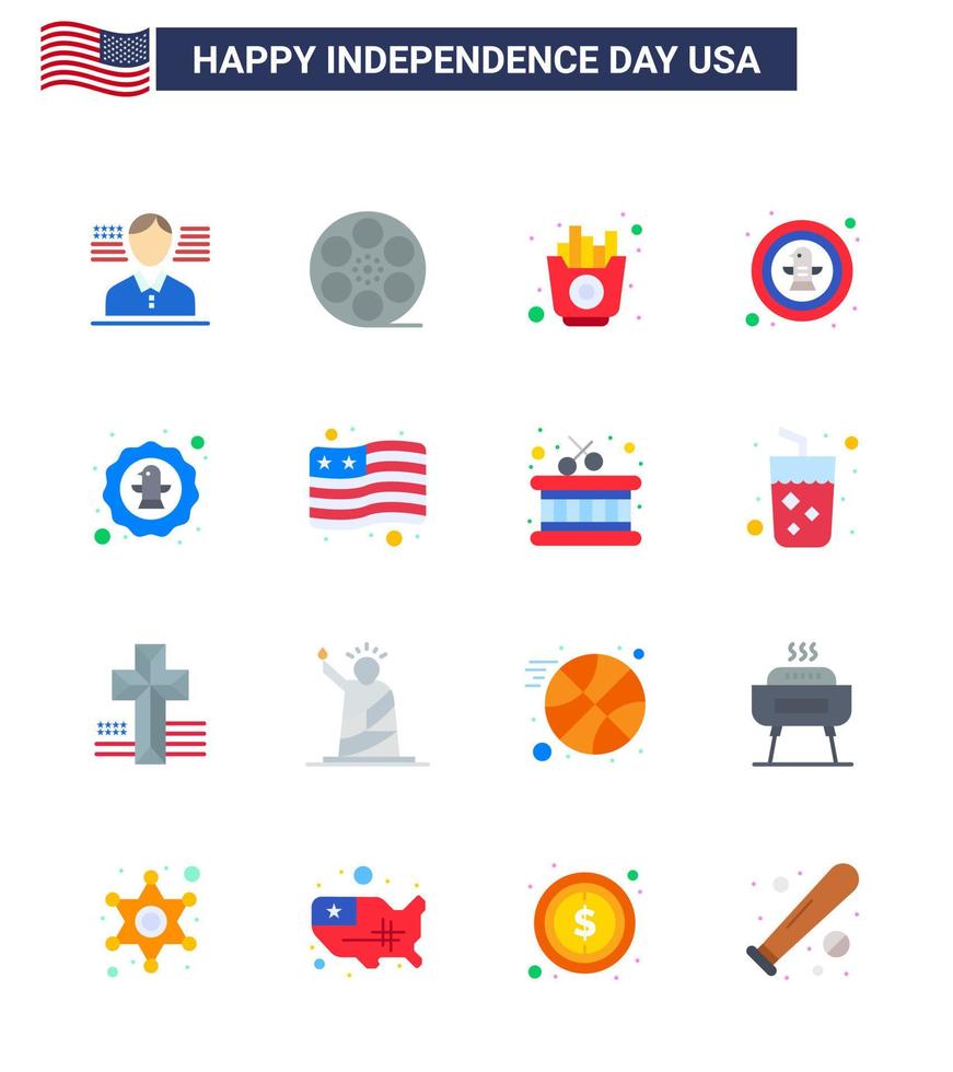 Happy Independence Day Pack mit 16 Wohnungen Zeichen und Symbolen für Flaggenabzeichen Lebensmitteladler Vogel editierbare usa-Tag-Vektordesign-Elemente vektor