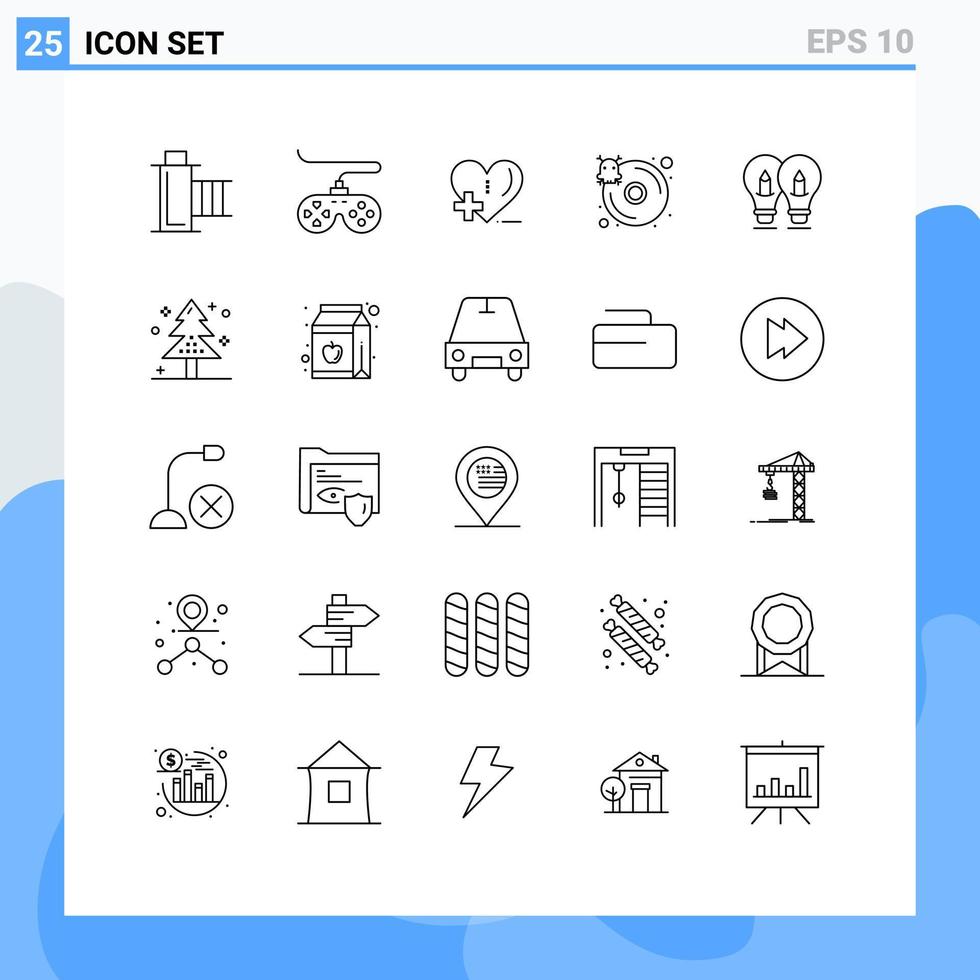 Gruppe von 25 modernen Linien, die für glühbirneninfizierte Joystick-Festplatten-Herzpflege-editierbare Vektordesign-Elemente festgelegt werden vektor