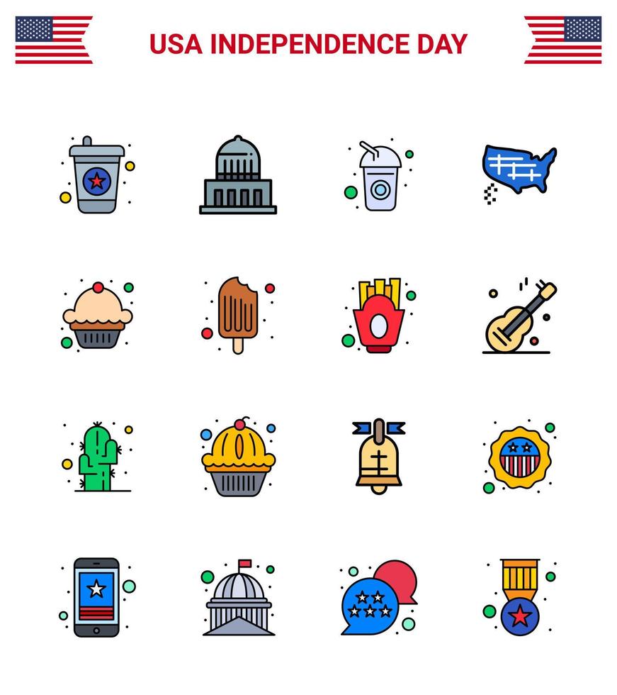 4:e juli USA Lycklig oberoende dag ikon symboler grupp av 16 modern platt fylld rader av muffin kaka cola USA stater redigerbar USA dag vektor design element