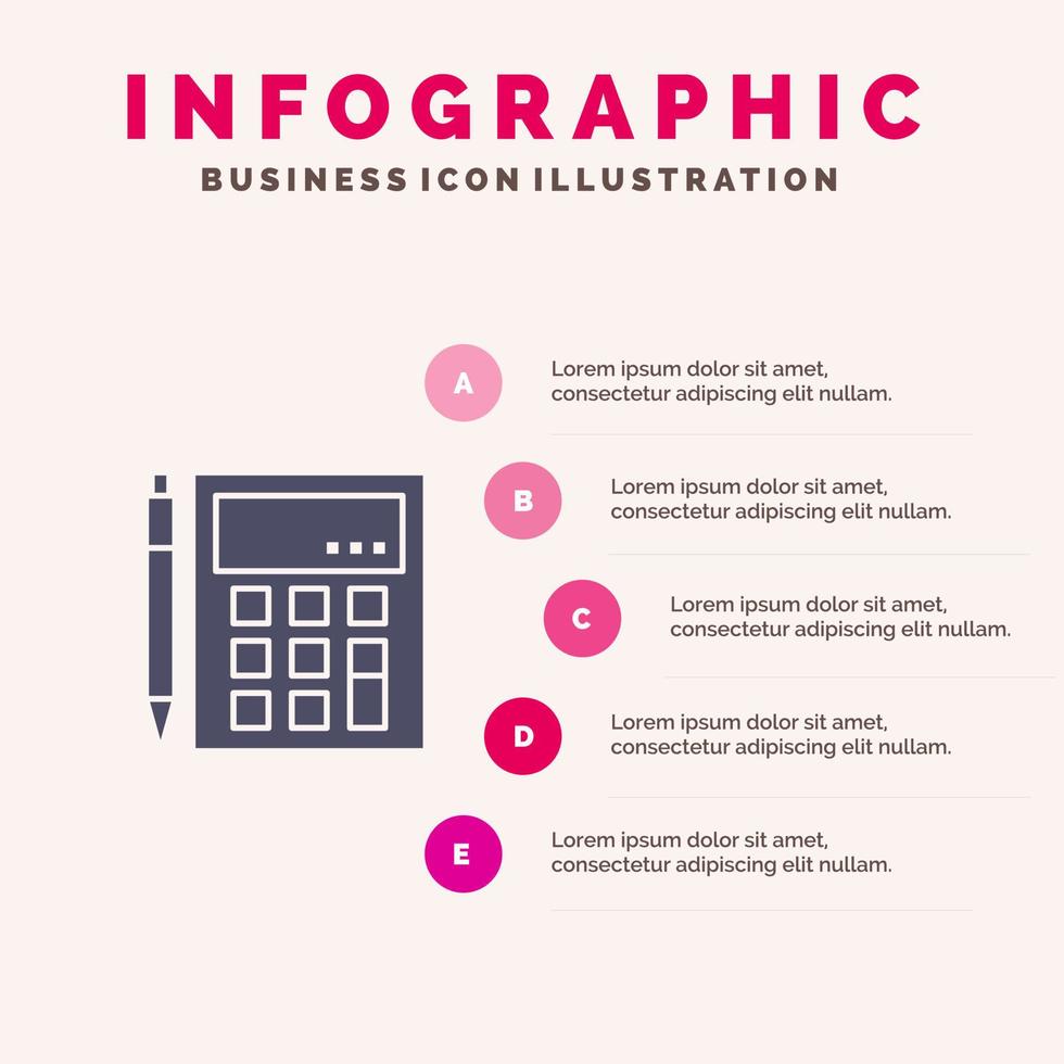 Buchhaltung Konto berechnen Berechnung Taschenrechner Finanzmathematik festes Symbol Infografiken 5 Schritte Präsentationshintergrund vektor