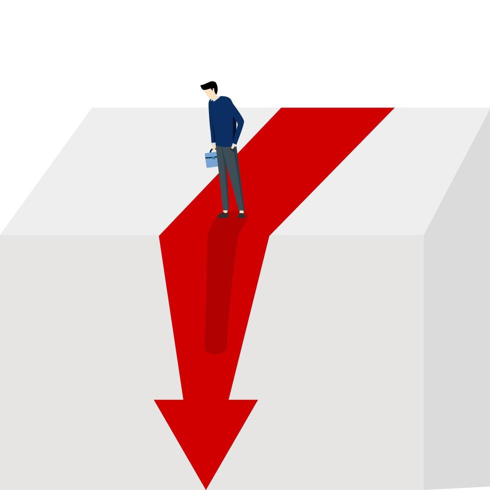 Ein Geschäftsmann, der einen Tropfen in einem Geschäftsdiagramm betrachtet. wirtschaftlicher abschwung, inflation, rezession, scheitern, roter grafikminimalstil der finanzkrise, bankrott und krisenkonzept. vektor