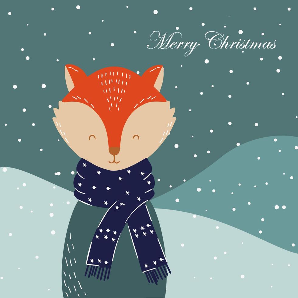 Weihnachtskarte mit einem niedlichen kleinen Fuchs. süßer Charakter. Plakat oder Einladung. Gekritzelillustration. Vektor