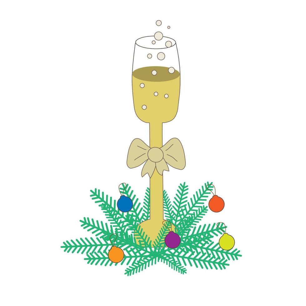 en glas av champagne i de grenar av en jul träd med ny år leksaker. fest av de nativity av Kristus. vektor illustration.