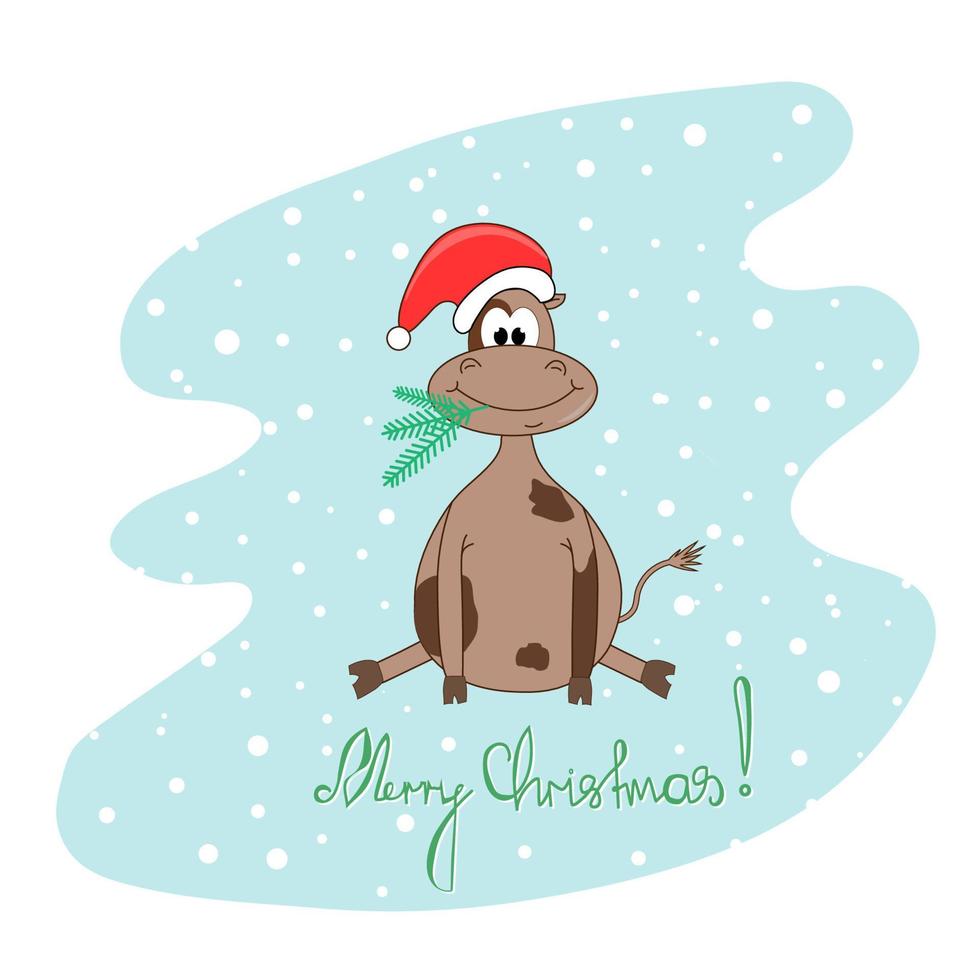 ein stier mit einem neujahrshut und mit einem zweig eines weihnachtsbaums im mund. Vektor. Symbol des Jahres. weihnachtsfest.... vektor