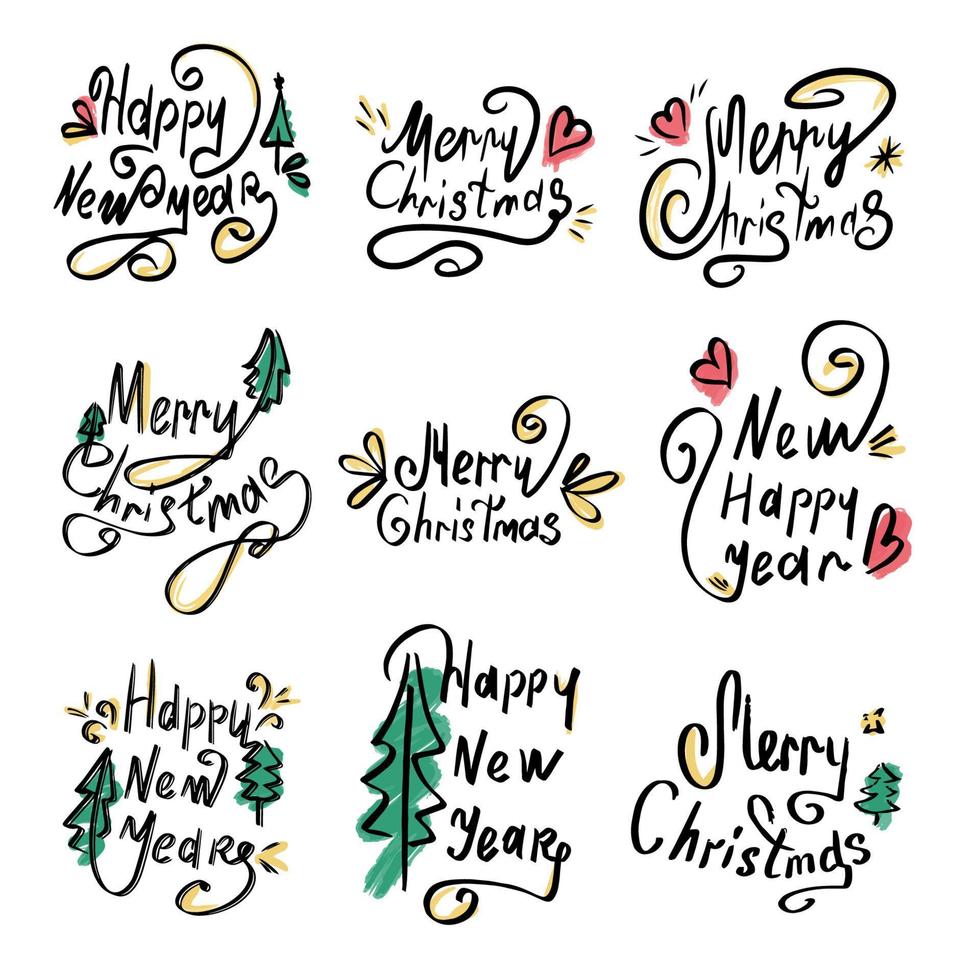 uppsättning av calligraphic inskriptioner. Lycklig ny år och glad jul. skön svart font med virvlar och färgad element. design mall för inbjudningar, vykort, kläder. isolerat bakgrund. vektor