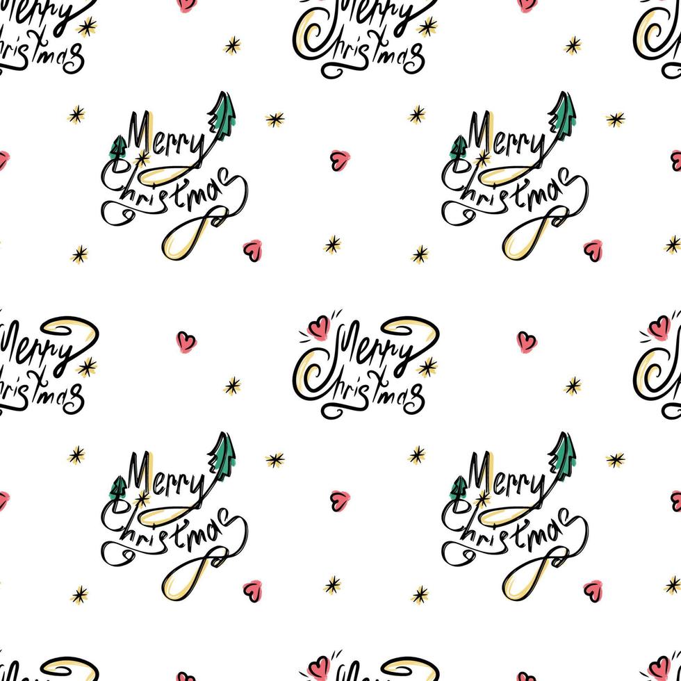 Fröhliche Weihnachten. Nahtlose Illustration mit kalligrafischer schwarzer Schrift und farbigen Elementen. Textil, Packpapier oder Hintergrund. Vektor
