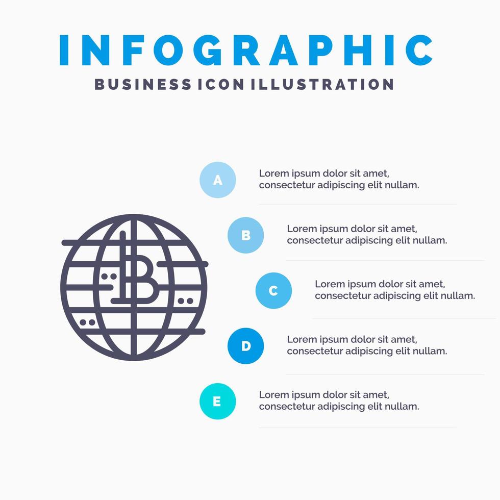 framtida pengar bitcoin blockera kedja crypto valuta decentraliserad linje ikon med 5 steg presentation infographics bakgrund vektor