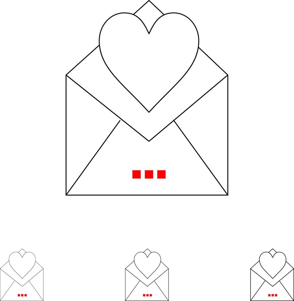 brev post kort kärlek brev kärlek djärv och tunn svart linje ikon uppsättning vektor