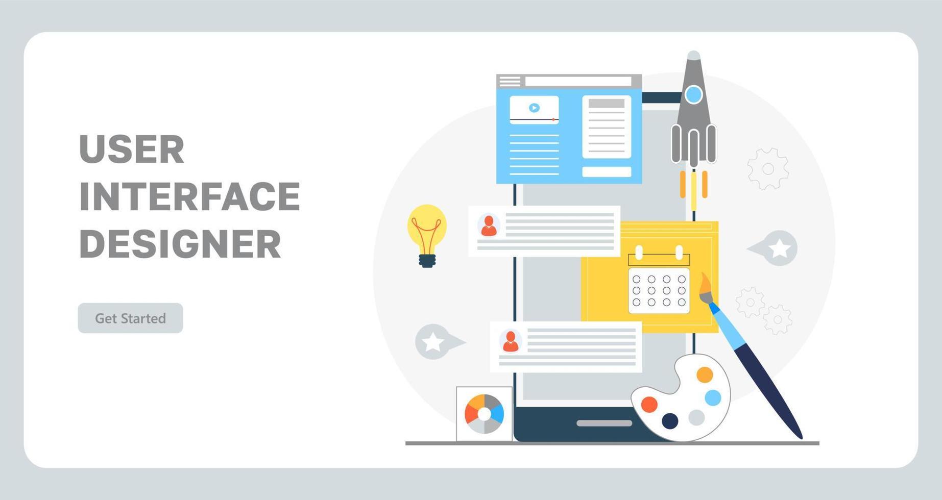 användare gränssnitt designer begrepp vektor. ui, ux app mall skapande installation. skapande design av landning sida. raket, möda vektor