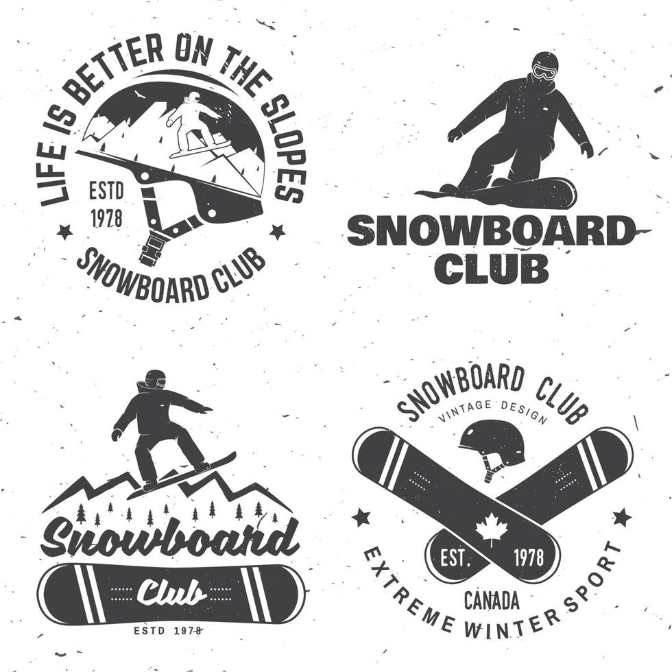 uppsättning av snowboard klubb insignier. liv är bättre på de backar. vektor