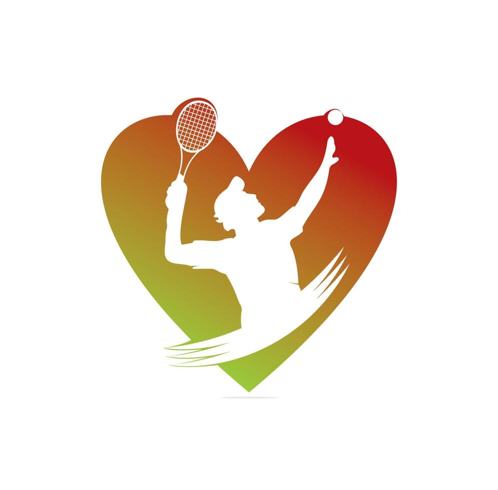 tennis hjärta form begrepp logotyp mönster med tennis spelare boll och racket logotyp design inspiration vektor