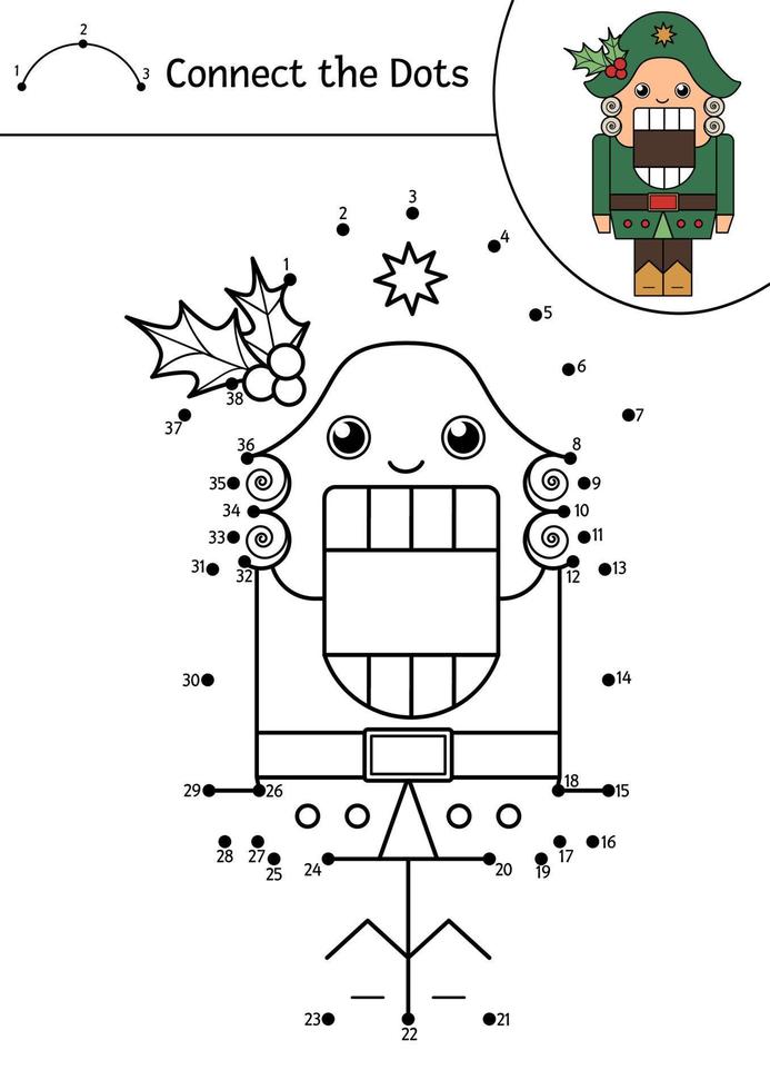 vektorweihnachten punkt-zu-punkt und farbaktivität mit niedlichem nussknacker. winterurlaub verbinde das punktspiel für kinder mit dem märchensoldaten. lustige Malseite für Kinder mit traditionellem Symbol vektor