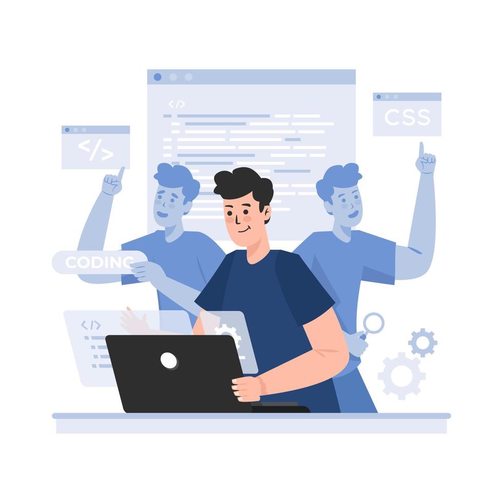 flache illustration des multitasking-programmierers vektor