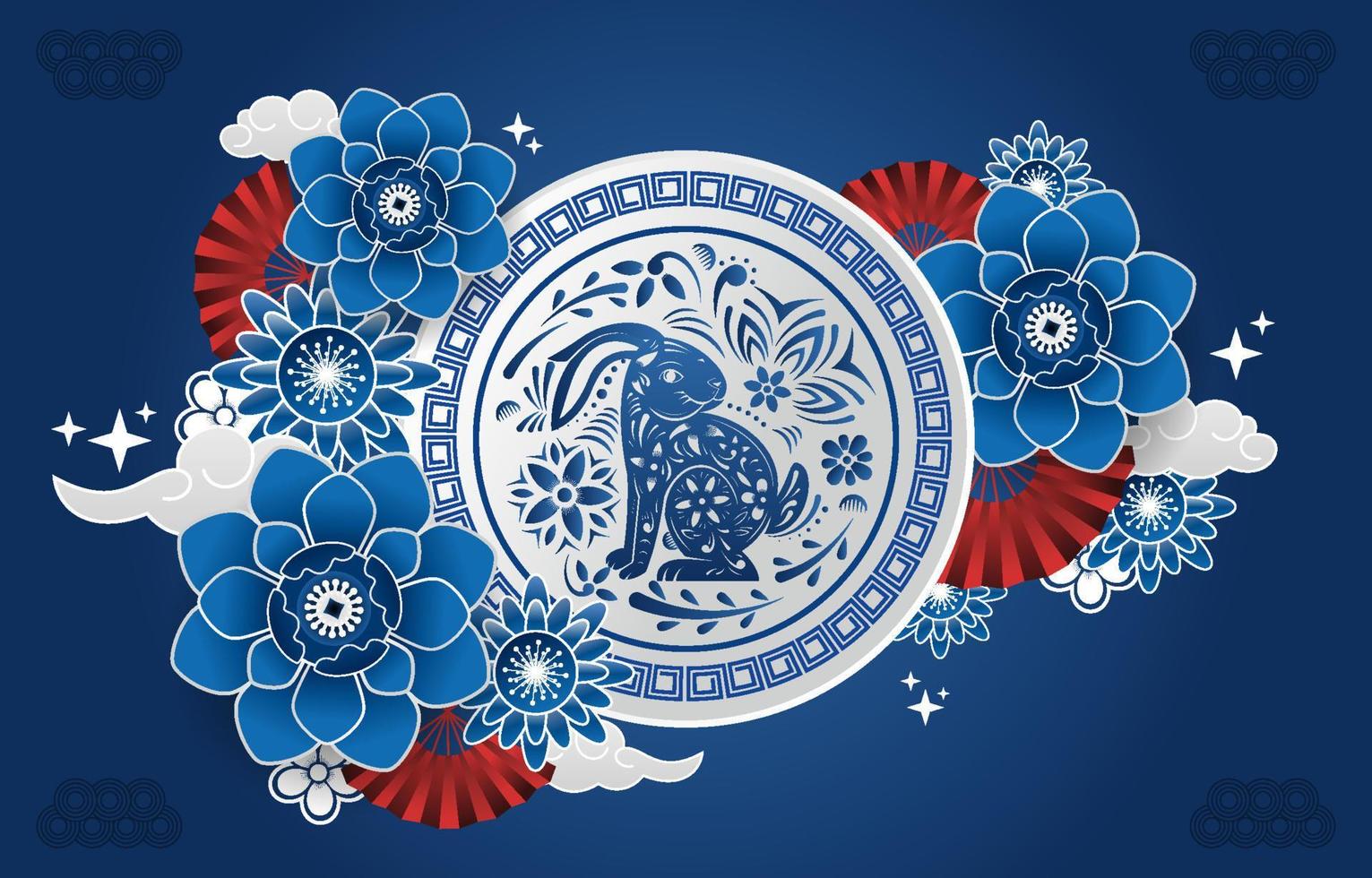 Blauwasserkaninchen mit chinesischen Ornamenten vektor